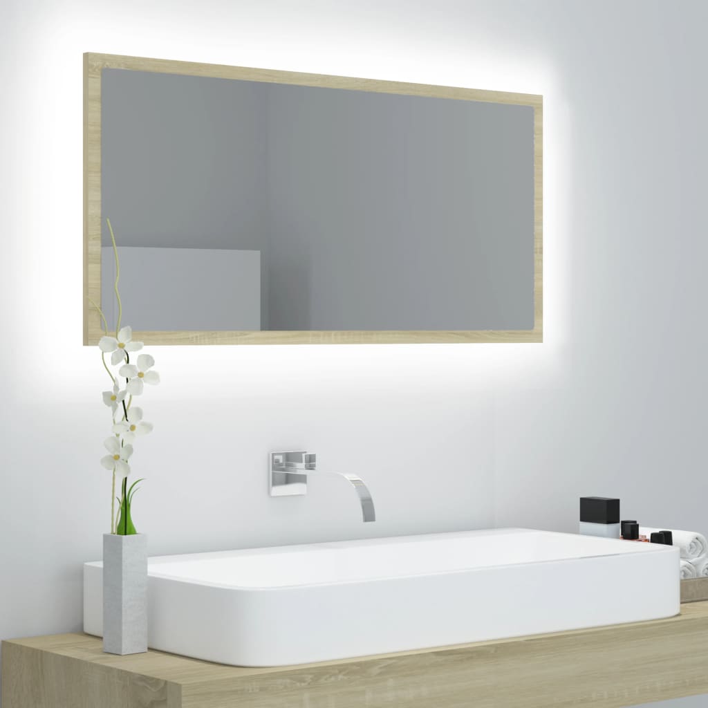 vidaXL Espejo de baño LED acrílico color roble Sonoma 90x8,5x37 cm