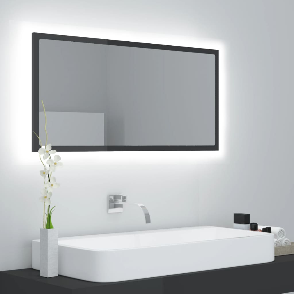 vidaXL Espejo de baño LED acrílico gris brillo 90x8,5x37 cm