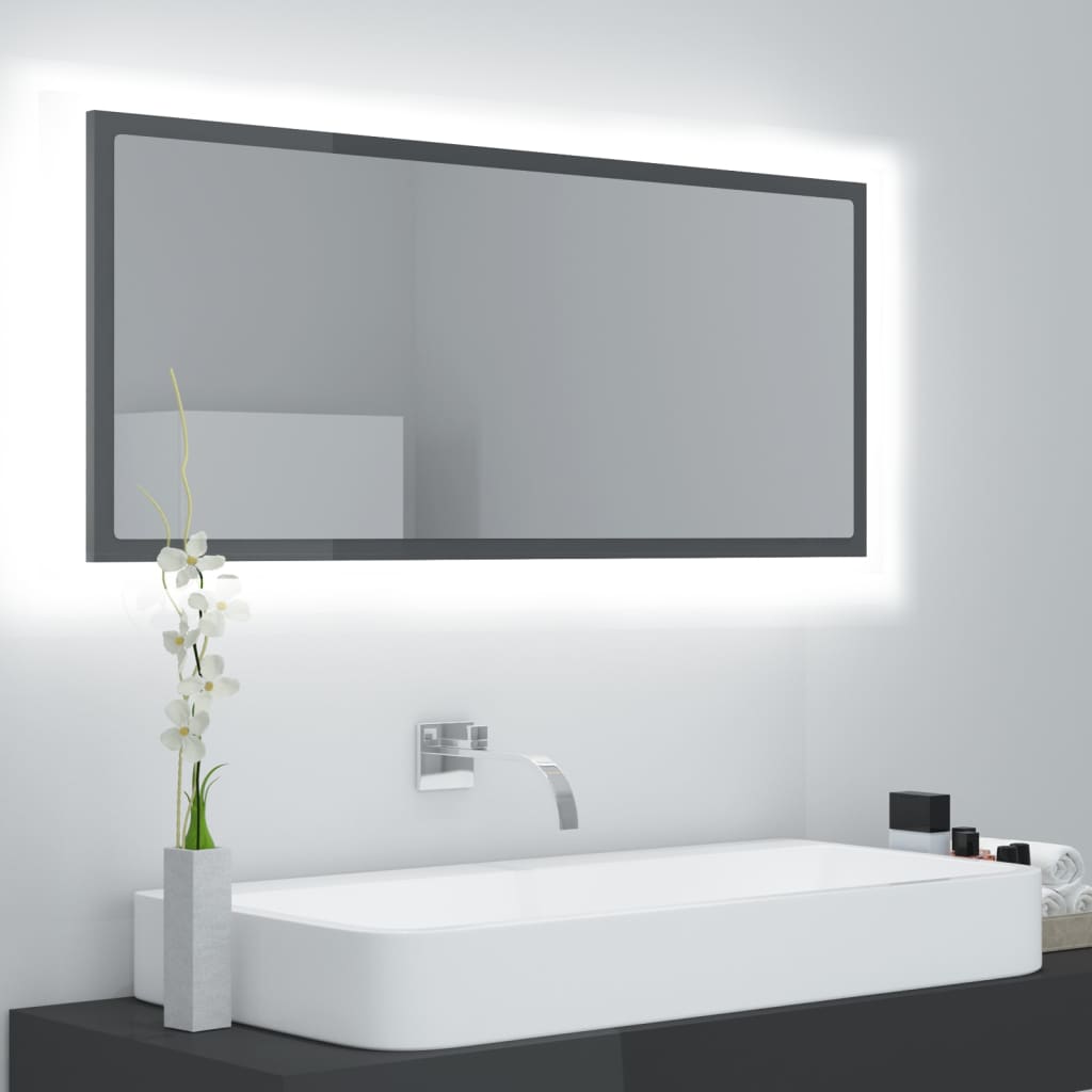 vidaXL Espejo de baño LED acrílico gris brillo 100x8,5x37 cm