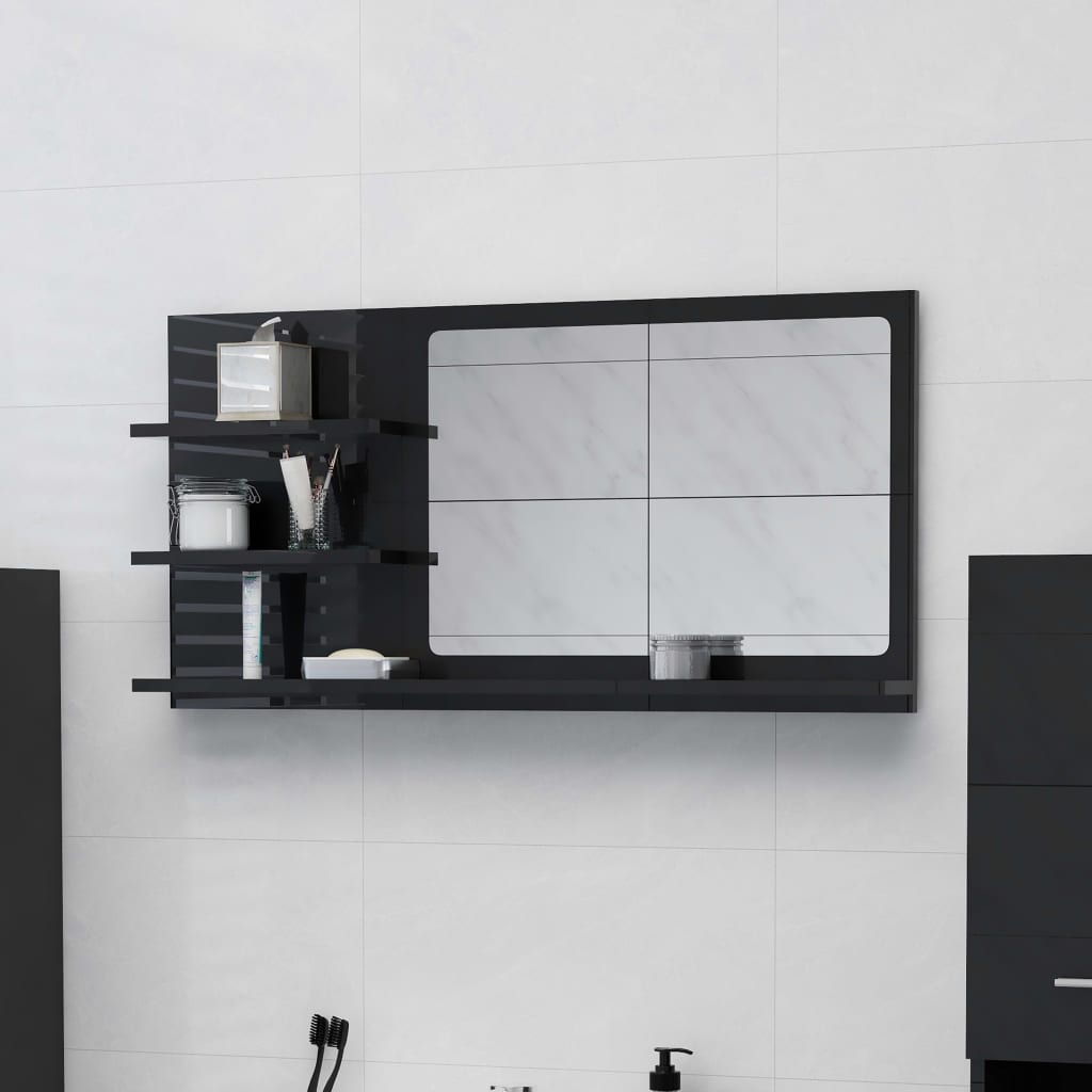 vidaXL Espejo de baño madera contrachapada negro brillo 90x10,5x45 cm