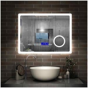 Miroir salle de bain 80x60cm LED réglable+antibuée+Bluetooth+Horloge+grossissant Aica