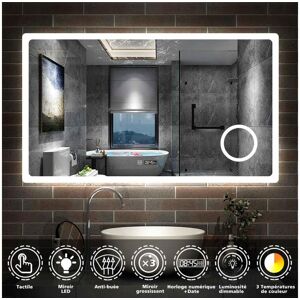 Miroir salle de bain 140x80cm avec 3 couleurs+dimmable+anti-buee+grossissant+Horloge Aica