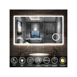 Miroir salle de bain 140x80cm avec 3 couleurs+dimmable+anti-buée+grossissant+Horloge Aica