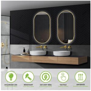 Miroir Ledimex Tokyo avec eclairages Triled Retro eclaire - Double Sensor On/Off et Anti-Buee - Oval l.50 x H.90 cm avec Cadre Aluminium Or Brosse