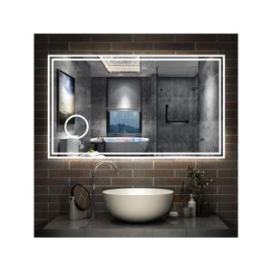 Miroir Salle de Bain LED 120x70cm avec Bluetooth, Horloge, 3 Couleurs, Grossissant 3x Aica