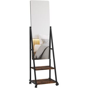 HOMCOM Miroir sur pied rectangulaire miroir de sol roulant avec angle réglable 2 étagères 4 roulettes noir et brun rustique