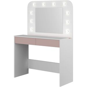 Terre de Nuit Coiffeuse avec miroir et LED en bois blanc et rose Rose 42x142x100cm