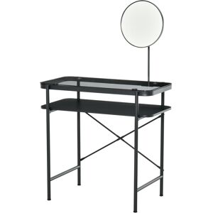 Homcom Coiffeuse design plateau verre étagère miroir pivotant métal noir