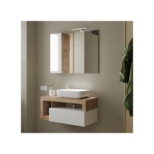 Tousmesmeubles Meuble sous-vasque suspendu 110 cm Chêne naturel + vasque + miroir led - ISCHIA - L 110 x l 49 x H 47 cm