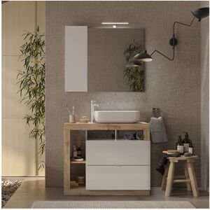 Tousmesmeubles Meuble sous-vasque 92 cm Chêne naturel + vasque + miroir led - ISCHIA - L 92 x l 49 x H 79 cm