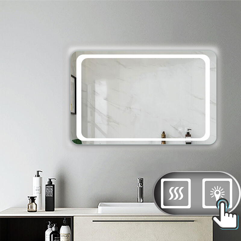 Aica Sanitaire - Miroir salle de bain 90x70cm anti-buée Mural Lumière