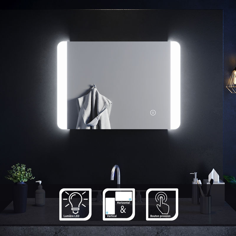 SIRHONA Miroir de salle de bain 70x50 cm Miroir led avec interrupteur