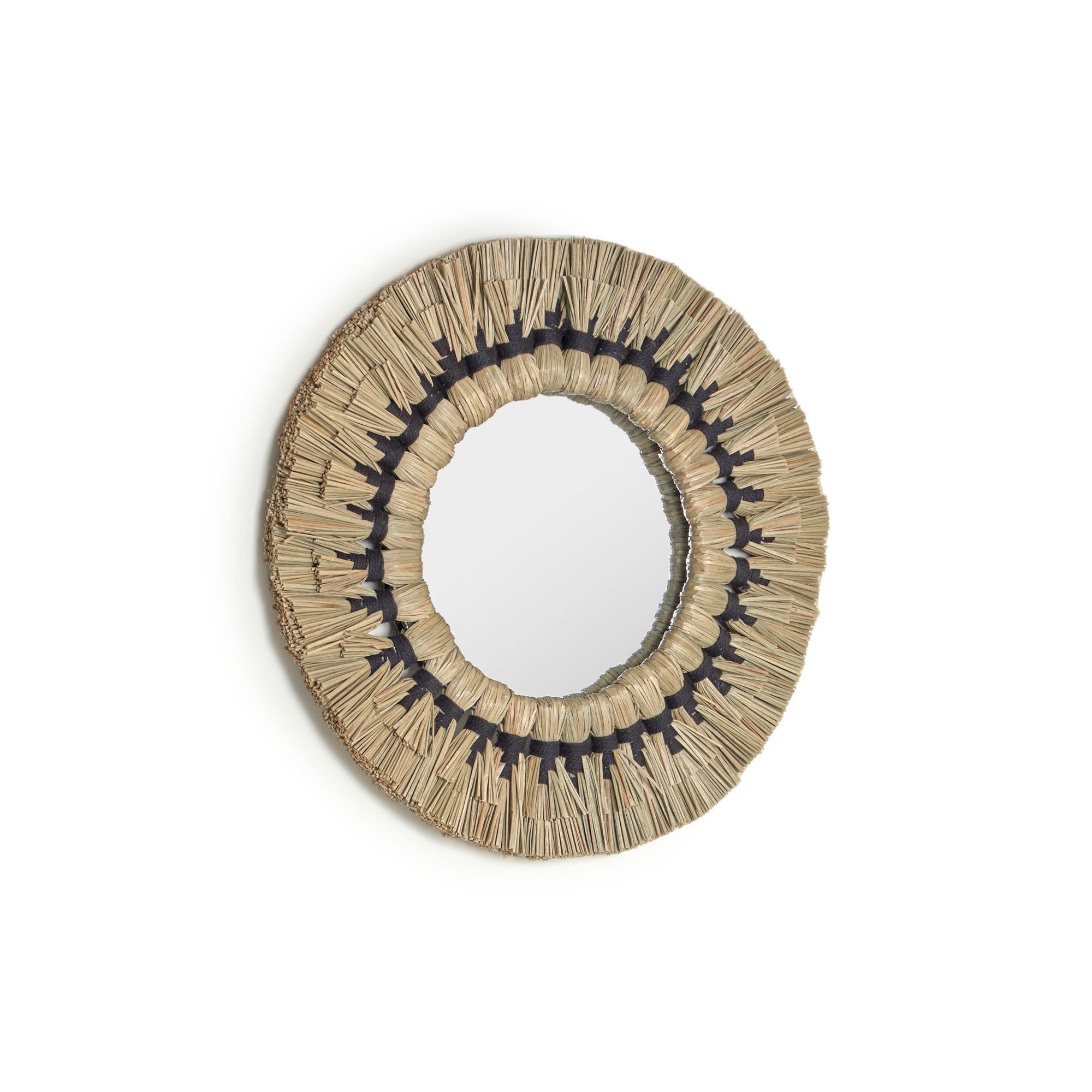 Kave Home Akila round mirror made from green natural fibres and black cotton cord, 40 cm