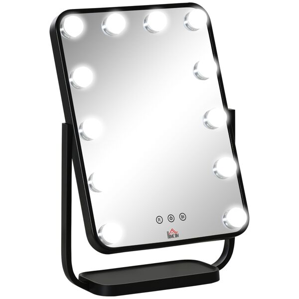 homcom specchio per trucco illuminato stile hollywood inclinabile, specchio da tavolo con 12 luci led luminosità regolabile, nero
