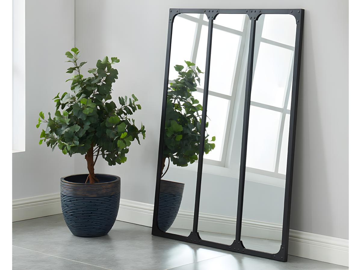 Espelho janela de ateliê estilo industrial em ferro de cor preto com 3 painéis de A120 x C90 cm - NORWICH