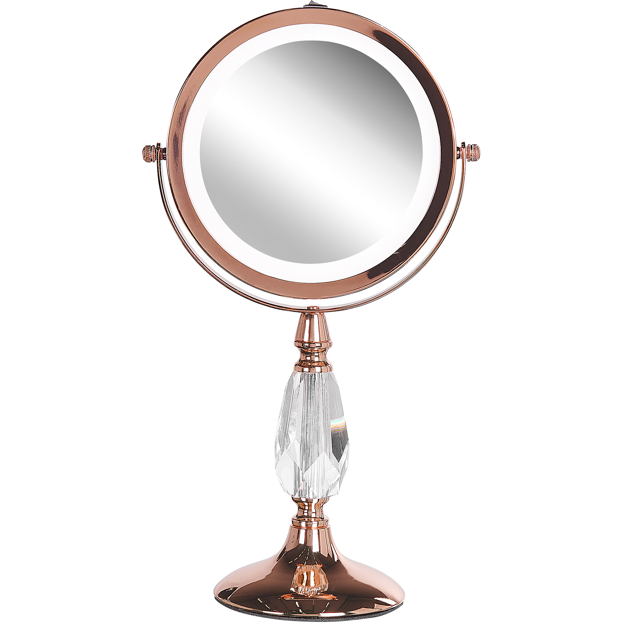 Beliani Espelho de maquiagem com estrutura metálica rosa dourada ø 13 cm iluminação LED duas faces com 1x e 5x ampliação para mesa