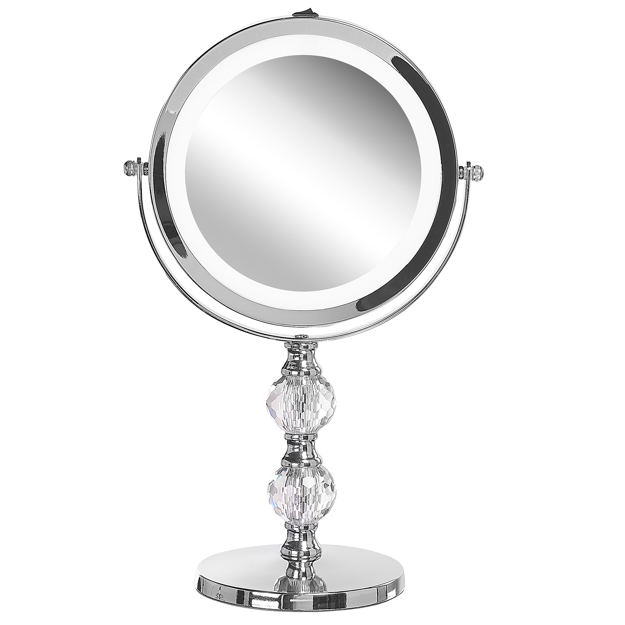 Beliani Espelho de maquiagem com estrutura metálica prateada ø 13 cm iluminação LED duas faces com 1x e 5x ampliação para mesa