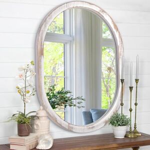 JJUUYOU Large 45 * 65 CM Oval Mirror for Bathroom Rustic Brown Wood Framed Farmhouse Wall Mounted Vanity Mirror Decorative, Horizontal or Vertical