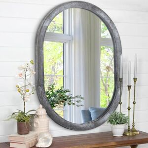 JJUUYOU Rustic Brown Oval Wall Mirror for Bathroom, 40 * 50 CM Hanging Vanity Oval Mirror for Vanity Living Room Entryway Bedroom More, Horizontal or Vertical