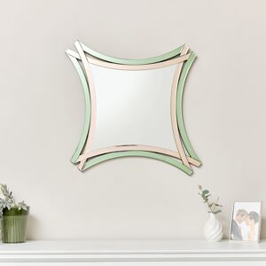 Art Deco Green & Pink Glass Cross Over Wall Mirror 80cm x 75cm Material: glass, wood, metal