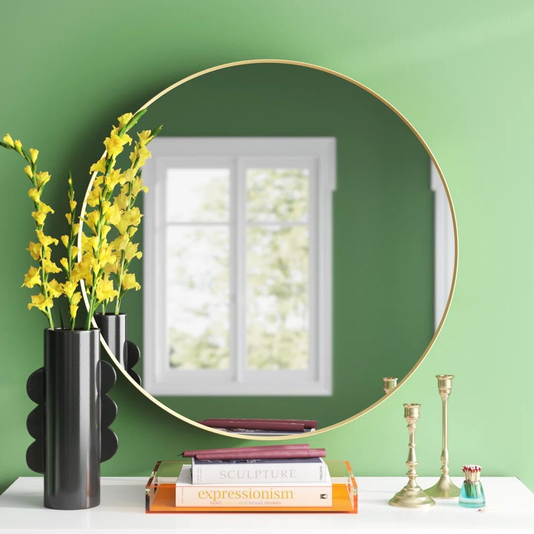 Photos - Wall Mirror Etta Avenue Alexei Round Wood Framed Wall Mounted Accent Mirror yellow 80.