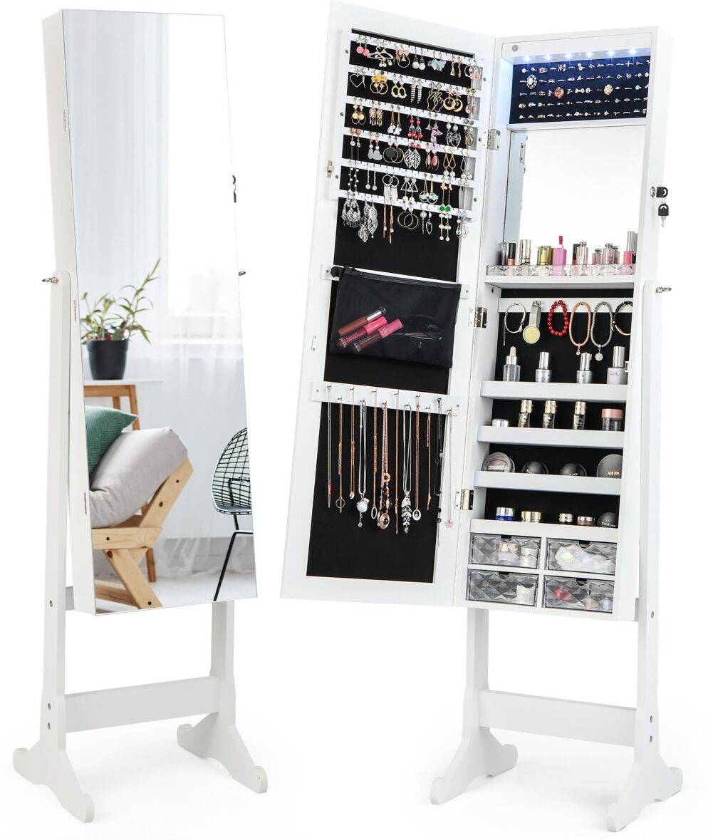 Costway Jewelry Cabinet Armoire Full Length Frameless Mirror Lockable with Lights - White