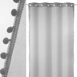 LOLAhome Visillo con pompones confeccionado de tela gris de 140x260 cm