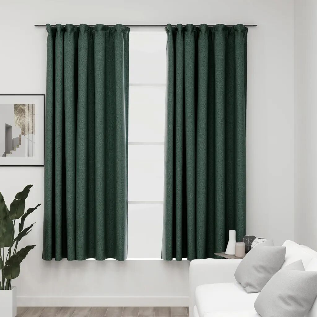 vidaXL Cortinas opacas aspeto linho c/ ganchos 2 pcs 140x175 cm verde