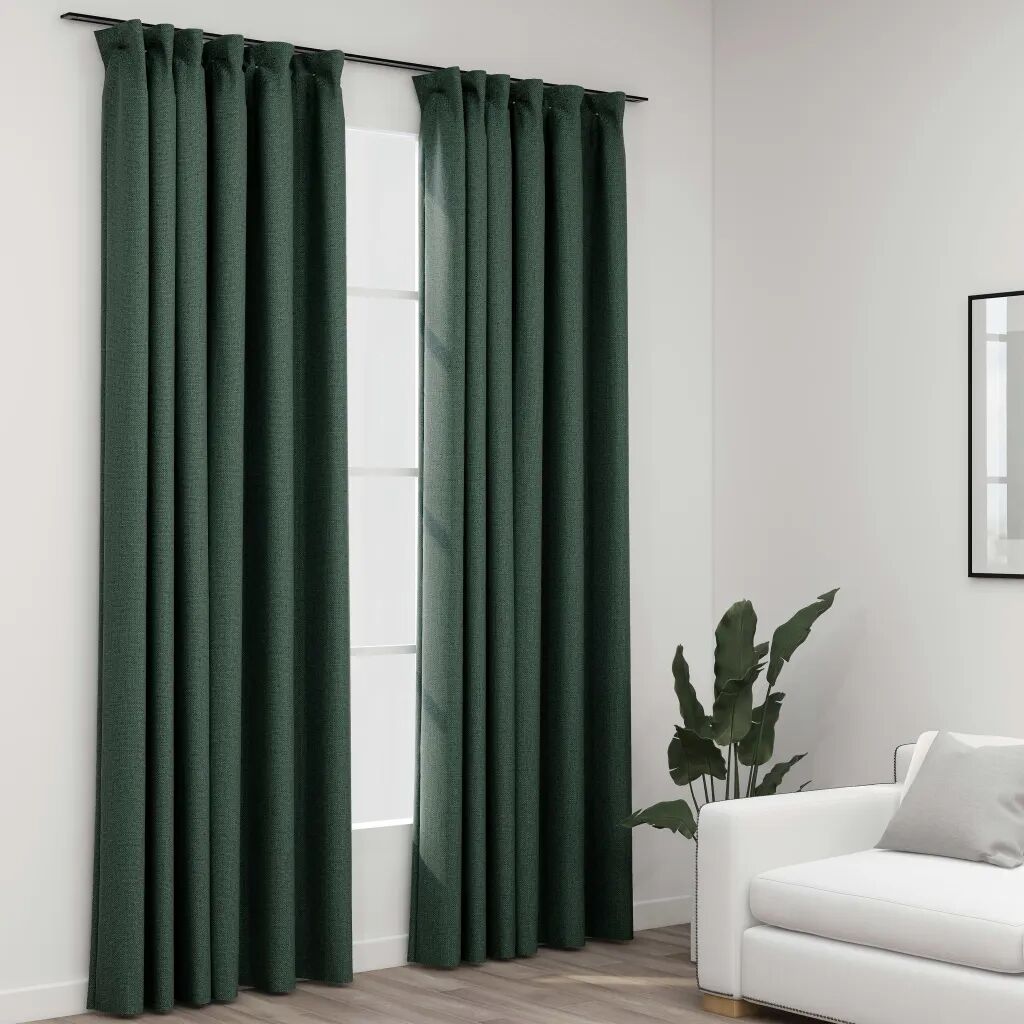 vidaXL Cortinas opacas aspeto linho c/ ganchos 2 pcs 140x225 cm verde