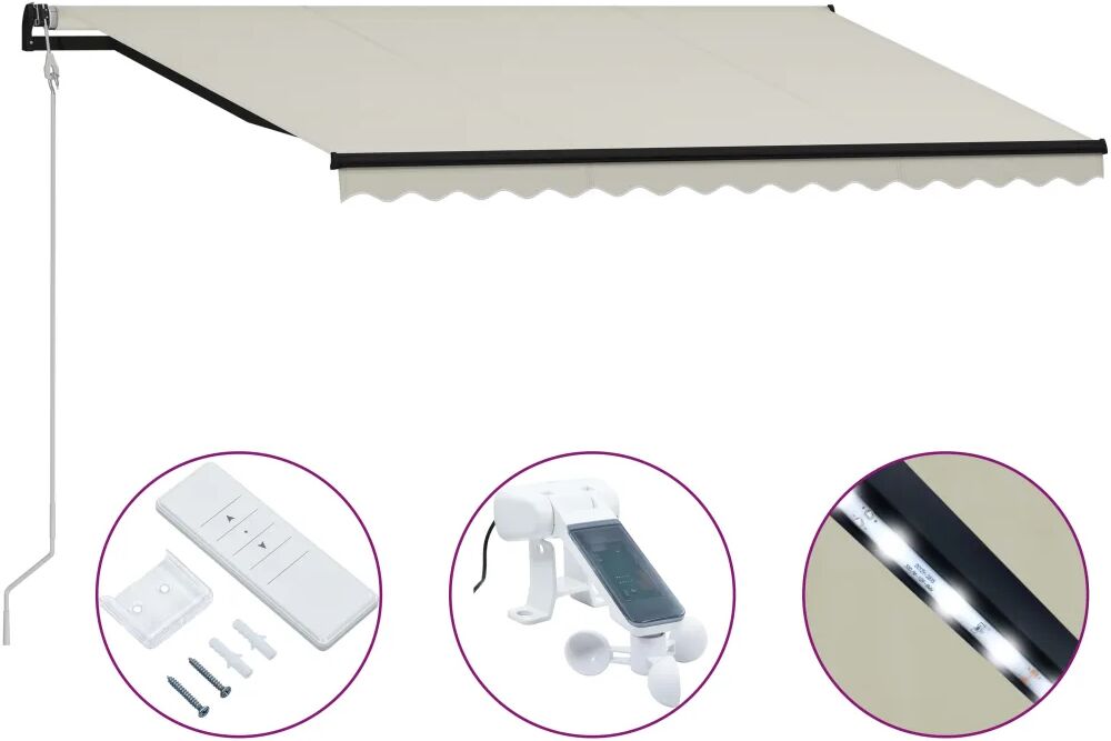 vidaXL Toldo retrátil c/ sensor vento e LED 400x300 cm cor creme