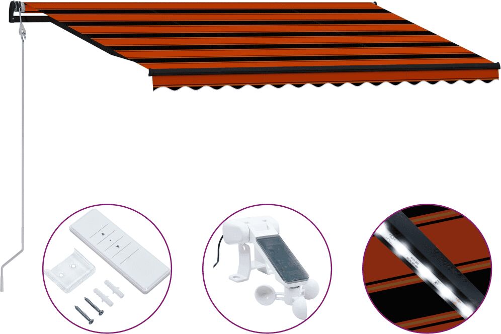 vidaXL Toldo retrátil c/ sensor vento e LED 450x300cm laranja/castanho