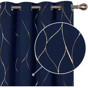 Deconovo - Eyelet Blackout Curtains with Gold Wave Line Foil Printed Patterns 2 Panels 46 x 54 Inch Navy Blue - Navy Blue