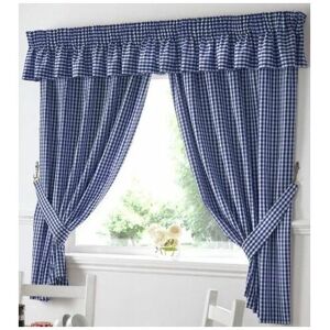 Alan Symonds - Gingham Kitchen Curtains Blue Pelmet 136 x 10 - Blue