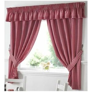 Alan Symonds - Gingham Kitchen Curtains Red Pelmet 136 x 10 - Red