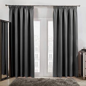 Dreamscene Pencil Pleat Blackout Curtains Set of 2 Thermal Tape Top Heading Panels, Charcoal Grey - Width 46" x Drop 54"
