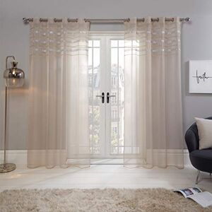 Sienna Latina Pair of 2 x Diamante Glitzy Voile Net Curtains Eyelet Ring Top Window Panels, Natural Beige - 55" wide x 87" drop