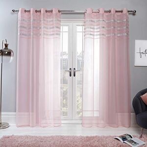 Sienna Latina Pair of 2 x Diamante Glitzy Voile Net Curtains Eyelet Ring Top Window Panels, Blush Pink - 55" wide x 87" drop