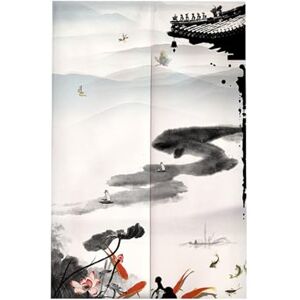 Surwin Japanese Noren Doorway Curtain Chinese Style Print Cotton Linen Door Curtain Window Treatment Tapestry for Decorative Bistro Kitchen Partition Shading Home (85x90cm,Koi Lake)