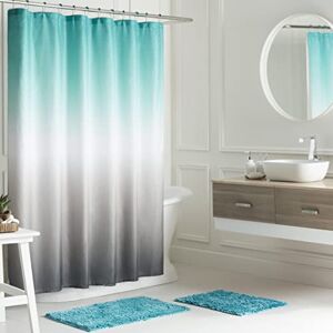 Creative Labs Home Ideas – Ombre Bathroom Decor Set 16 Pieces Includes Shower Curtain, Liner, 2 Chenille Bathmats and 12 Hooks Curtain Measures 70" x72" Turquoise/White/Grey Ombre
