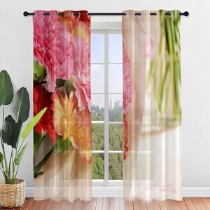 Odot Set of 2 Voile Sheer Curtains for Living Room Bedroom, 3D Carnation Floral Print Semi Sheer Curtains Light Filtering Eyelet Tulle Curtains Drapes for Windows (31.5x45 in,Spring)