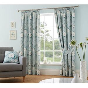 Dreams & Drapes - Duck Egg Blue Flowers Pencil Pleat Curtains W90 x L90 (229 x 229cm) - 2x Tie Backs - Light Blue Floral Curtains for Living Room - Vintage Curtains - Eve Collection