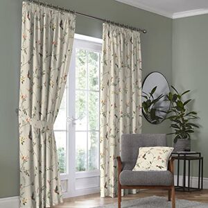 Dreams & Drapes - Natural Floral & Birds Pencil Pleat Curtains W90 x L72 (229 x 183cm) - 2x Tie Backs - Cream Vintage Curtains - Off White Botanical Curtains - Garden Bird Curtains - Hummingbirds