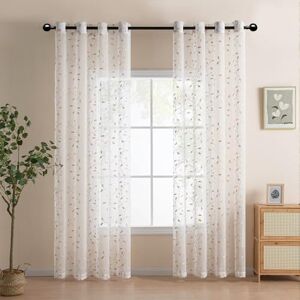 DWCN Beige Rattan Embroidery White Sheer Curtains with Tiebacks Decoration Grommet Window Semi Voile Drapes with Eyelets for Living Room Bedroom 2 Panels 52" W x 96" L