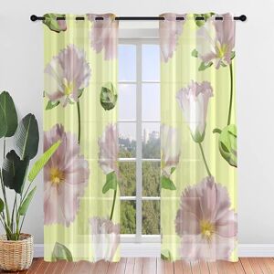 Odot Set of 2 Voile Sheer Curtains for Living Room Bedroom, Elegant Carnation Floral Print Semi Sheer Curtains Light Filtering Eyelet Tulle Curtains Drapes for Windows (31.5x45 in,Light Yellow)