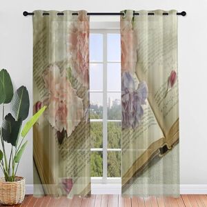 Odot Set of 2 Voile Sheer Curtains for Living Room Bedroom, 3D Carnation Floral Print Semi Sheer Curtains Light Filtering Eyelet Tulle Curtains Drapes for Windows (31.5x45 in,Book)