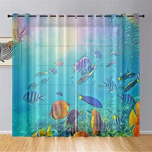 Odot Voile Sheer Curtains 2 Panels for Living Room, Underwater world Semi Sheer Curtains Light Filtering Tulle Eyelet Curtains Drapes for Bedroom Windows Decorative (fish,W31.5 x L45)