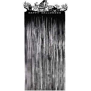 LOKIPA Halloween Door Curtain Black Shiny Tinsel Foil Fringe Curtains for Halloween Decoration, 3.3 x 6.5 feet