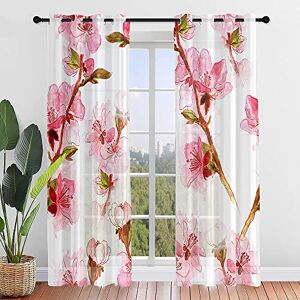 Odot Voile Sheer Curtains 2 Panels for Living Room Flowers plants Semi Sheer Curtains Light Filtering Tulle Eyelet Curtains Drapes for Bedroom Windows Decorative (Plum Blossom,W31.5 x L45)