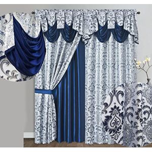 GOHD Golden Ocean Home Decor GOHD Samba Star. Jacquard Window Curtain Panel Drape with Attached Fancy Valance and Taffeta Backing. 2pcs Set. Each pc 54" Wide x 90" Drop with 18" Valance. (Navy Blue)