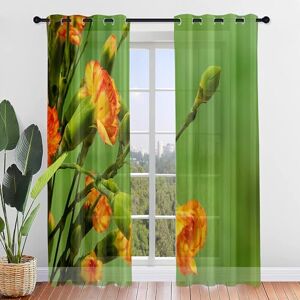 Odot Set of 2 Voile Sheer Curtains for Living Room Bedroom, 3D Carnation Floral Print Semi Sheer Curtains Light Filtering Eyelet Tulle Curtains Drapes for Windows (21.6x37.4 in,Green)